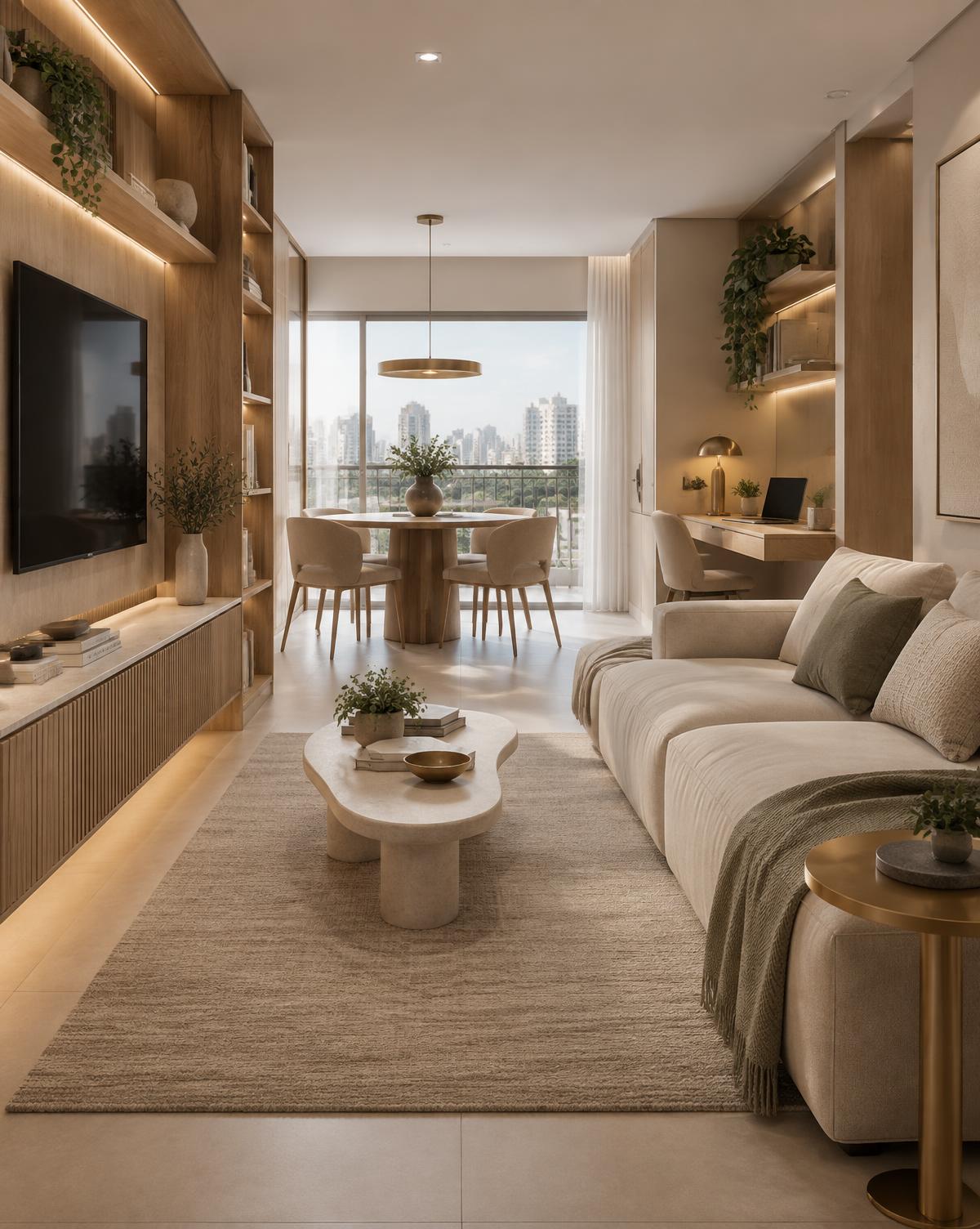 Perspectiva 3D de sala com painel planejado e área de estar