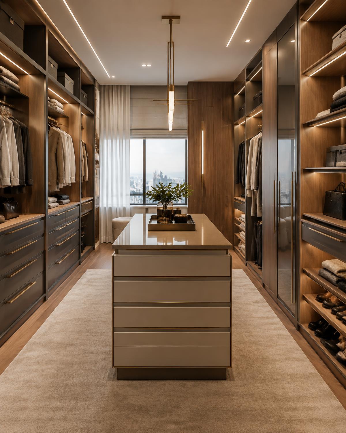 Closet premium com ilha central e iluminação embutida