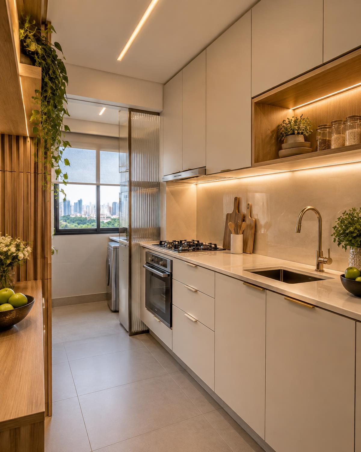 Cozinha compacta com armários planejados claros, bancada e torre de eletrodomésticos