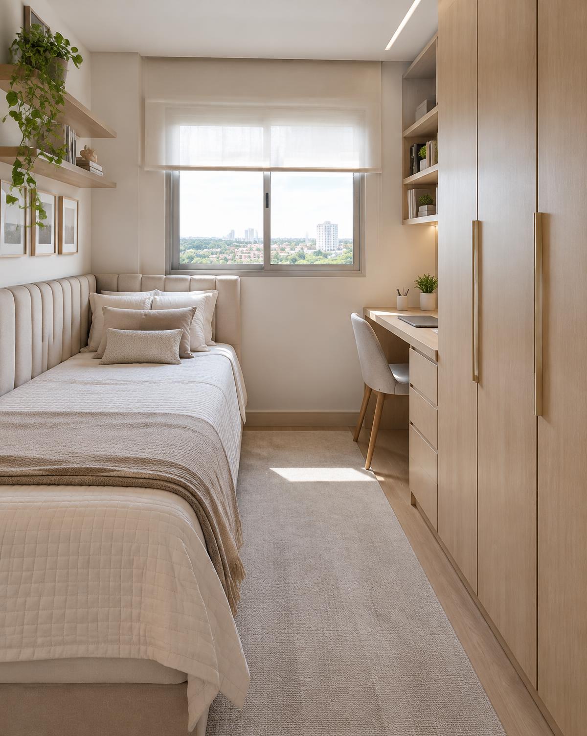 Quarto funcional com armário e bancada planejados
