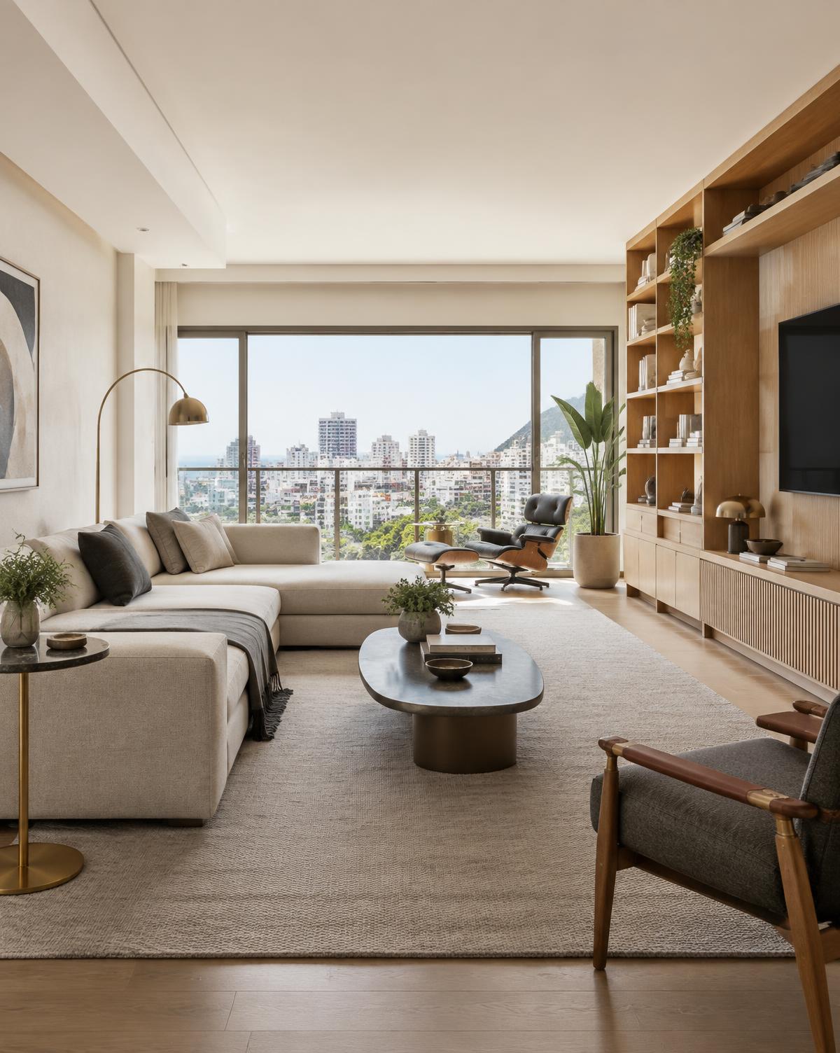 Sala compacta com marcenaria planejada e área de estar integrada